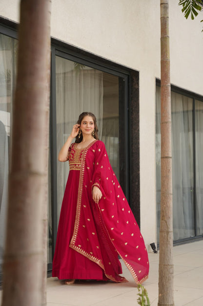 Premium Vichitra Silk Gown with Dupatta (Red & Purple Variants)