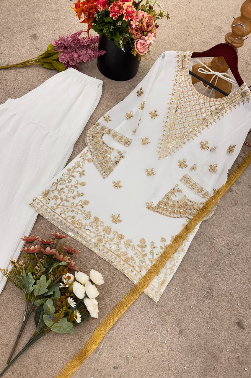 Embroidered Fox Georgette Sharara Suit with Moti Work Net Dupatta – Fully Stitched Elegance