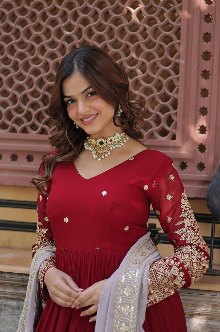 Maroon Designer Gown Set with Zari Sequin Embroidery & Faux Dupatta