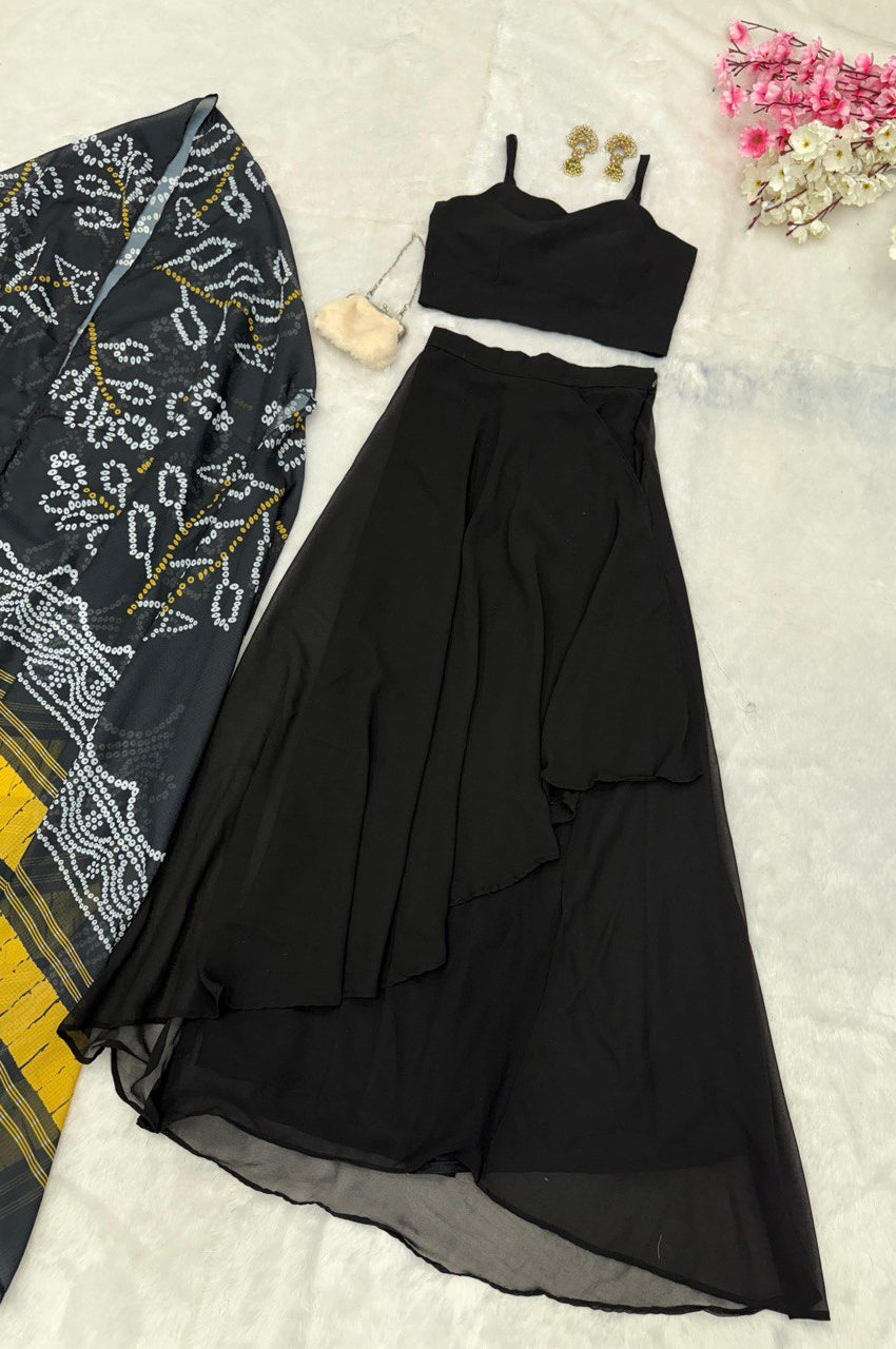 Black Indo-Western Drape Skirt Set with Embroidered Blouse & Shrug