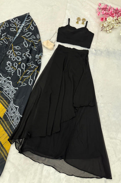 Black Indo-Western Drape Skirt Set with Embroidered Blouse & Shrug