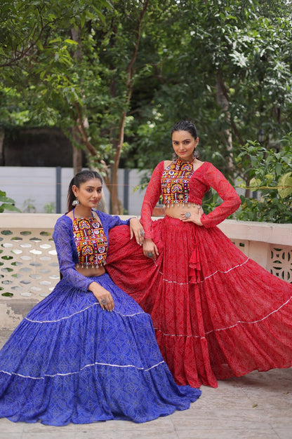 Bandhej Print Navratri Lehenga Choli with Gamthi Embroidery & Gotta Patti Lace – 12 Meter Flair (Fully Stitched)