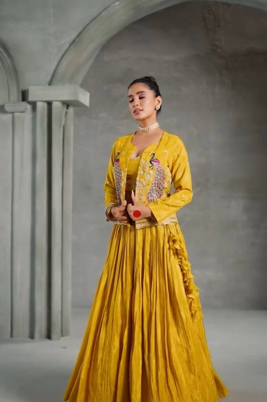 Chinon Lehenga with Heavy Embroidered Crop Top & Jacket