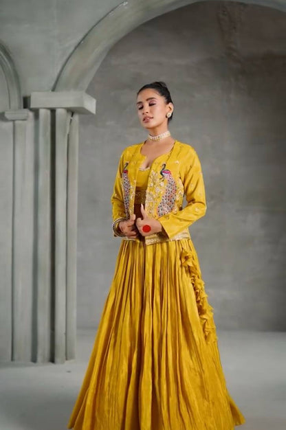 Chinon Lehenga with Heavy Embroidered Crop Top & Jacket