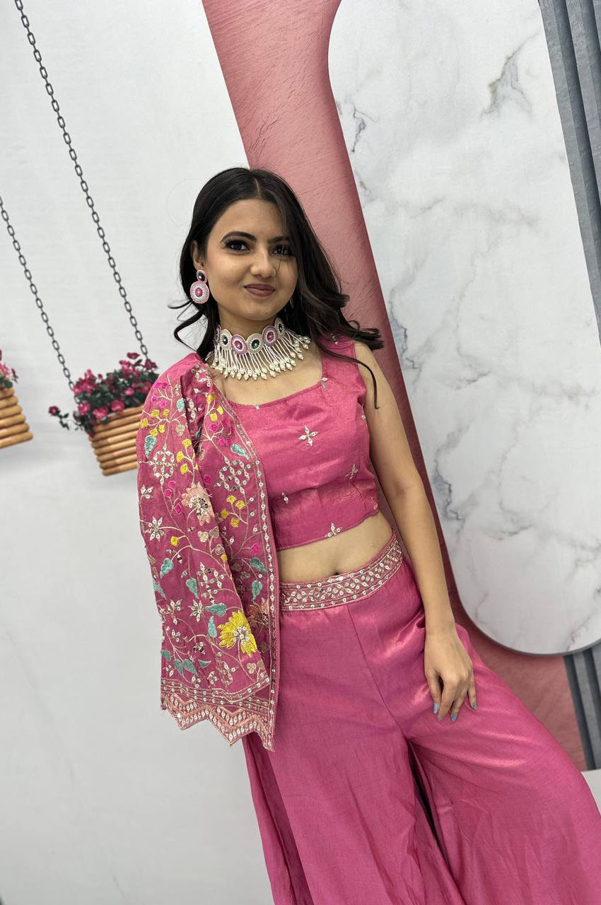 Violet Red & Violet Choli with Embroidered Shrug & Plazzo