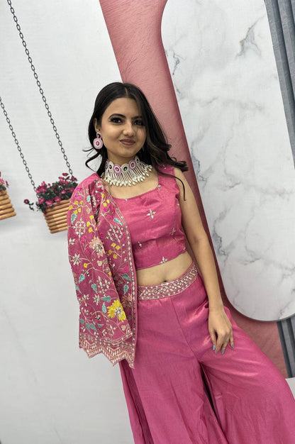 Violet Red & Violet Choli with Embroidered Shrug & Plazzo