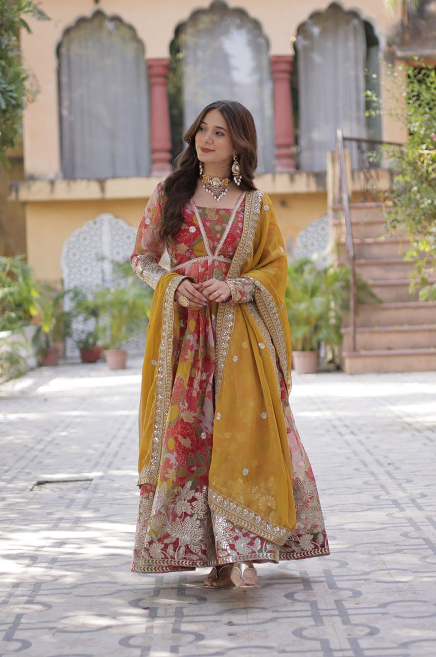 Elegant Alia Cut Russian Silk Gown with Dupatta (Orange & Green)