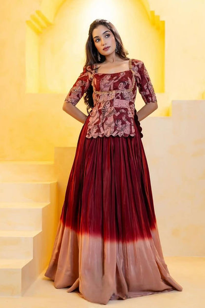 Maroon Chinon Lehenga with Kalamkari Crop Top & Jacket