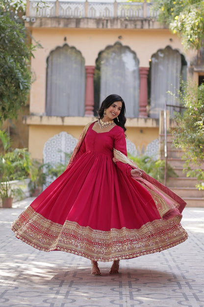 Rani Pink & Green Vichitra Gown with Dupatta – Festive Flair Edition