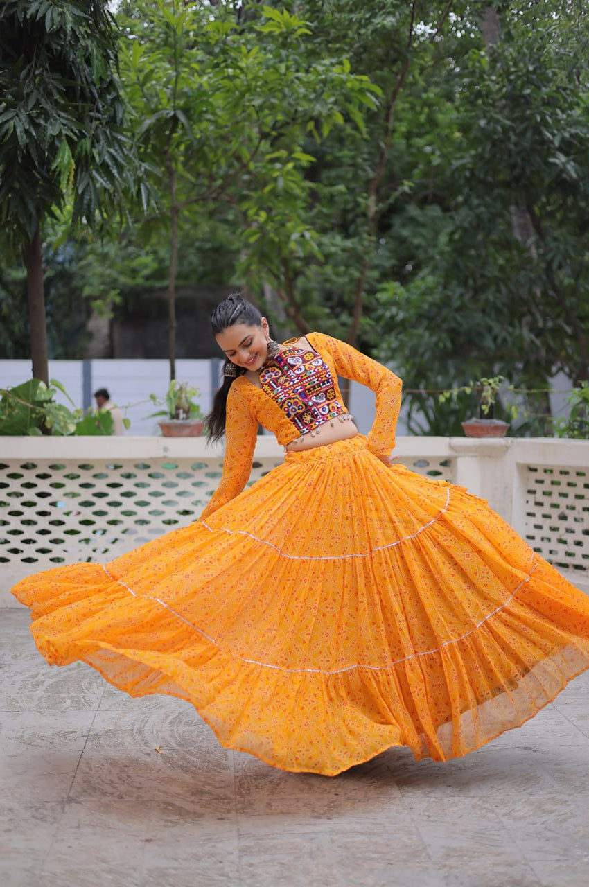 Bandhej Print Navratri Lehenga Choli with Gamthi Embroidery & Gotta Patti Lace – 12 Meter Flair (Fully Stitched)