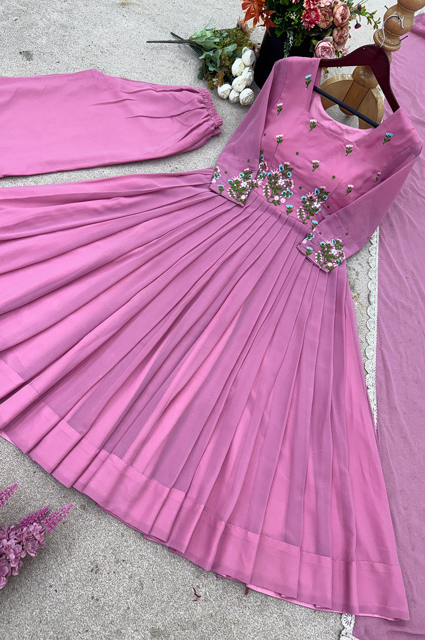 Faux Georgette Embroidered Party Wear Set – Long Top, Plazzo & Dupatta