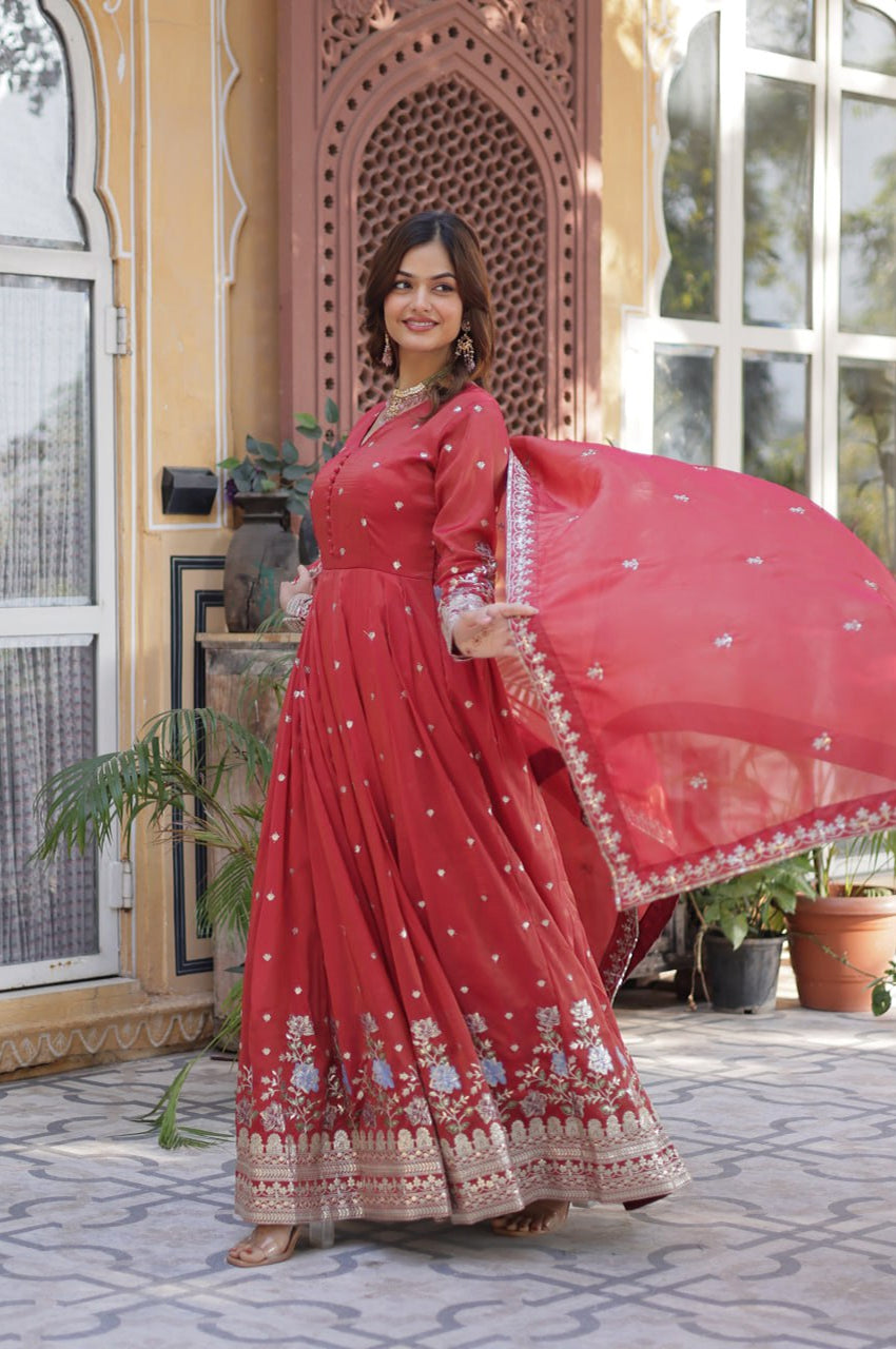 Viscose Cosmos Embroidered Gown Set | Red  | Elegant Festive Wear
