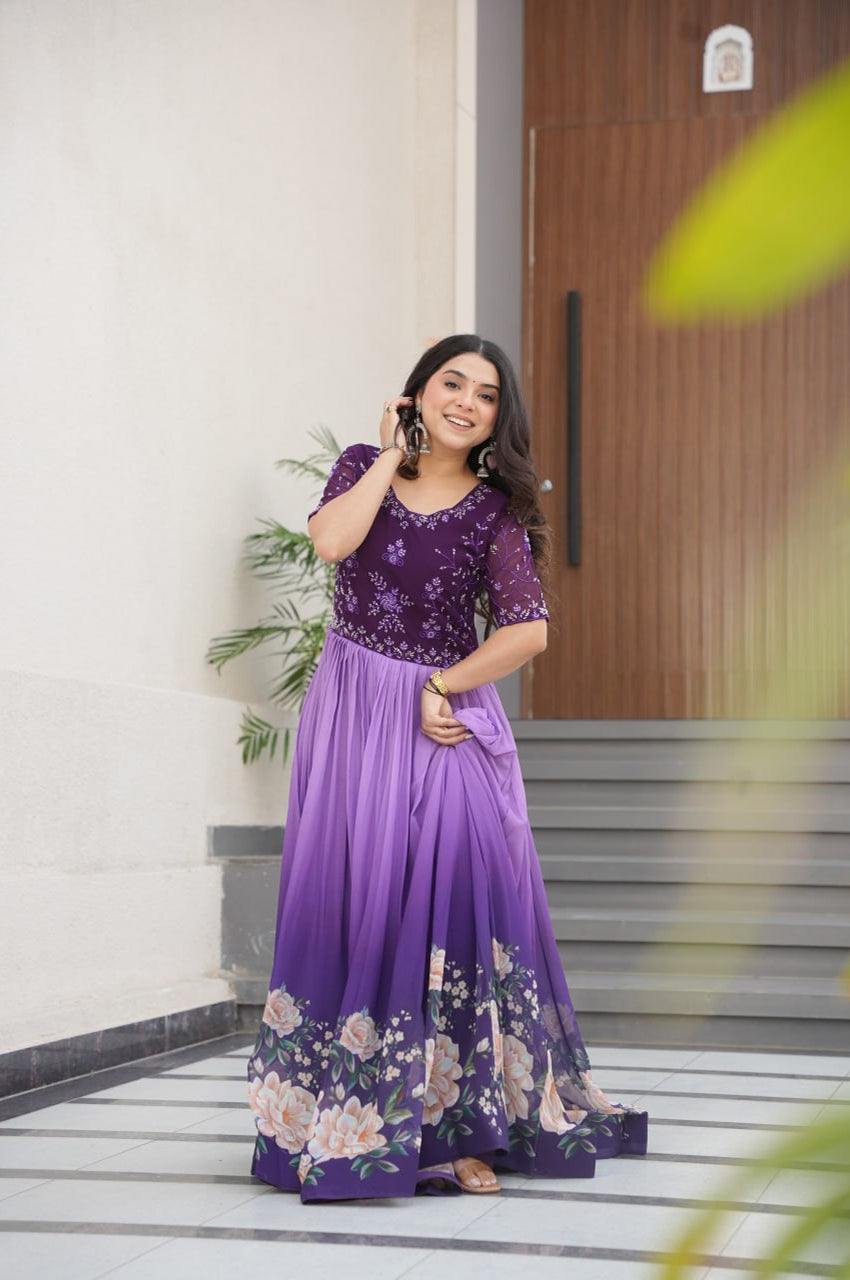 Designer Blue & Purple Gown with Embroidery & Floral Digital Print