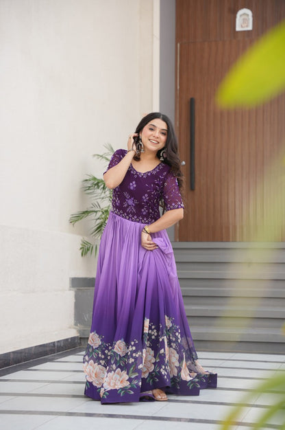 Designer Blue & Purple Gown with Embroidery & Floral Digital Print