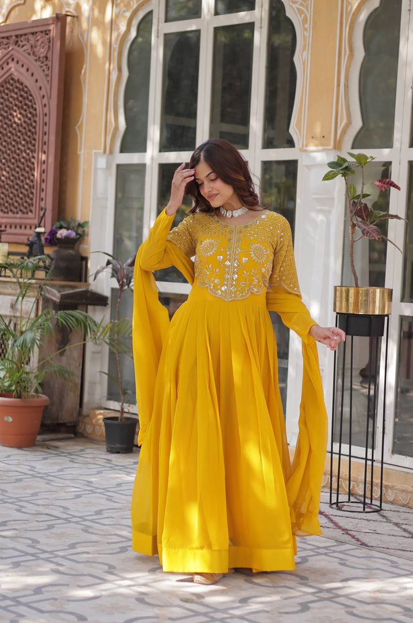 Yellow & Red Faux Blooming Designer Gown with Dupatta