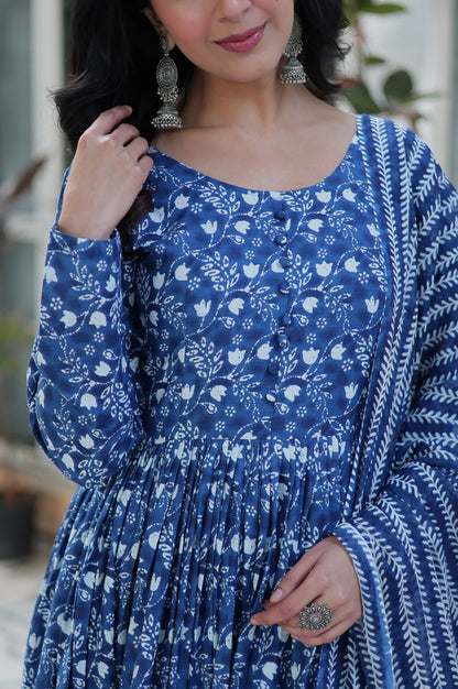 Pure Cotton Kurti with Pant & Dupatta Set | Blue & Pink | Ethnic Chic