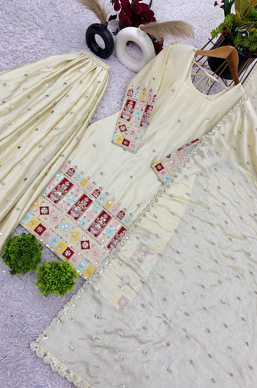 Cream Chinon Silk Embroidered Gharara Suit Set with Dupatta
