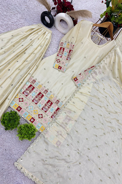 Cream Chinon Silk Embroidered Gharara Suit Set with Dupatta