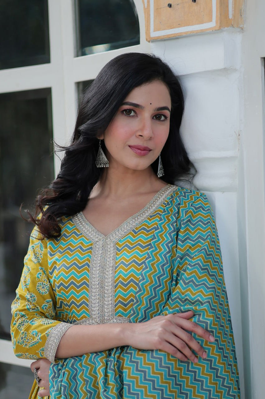 Pure Cotton Kurti Pant Dupatta Set | Coffee & Green | Ethnic Luxe