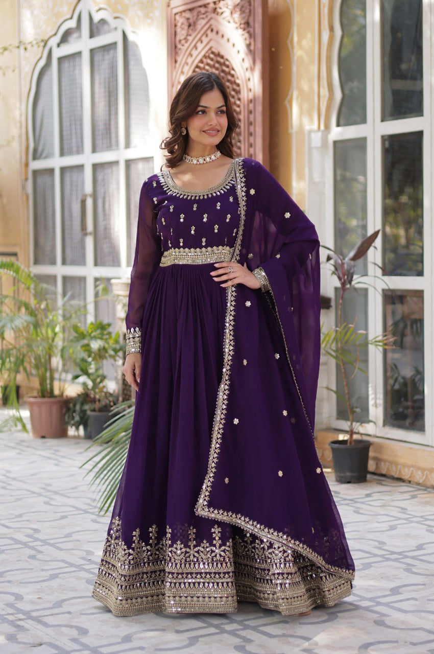 Maroon & Purple Faux Embroidered Gown with Dupatta – Regal Edition