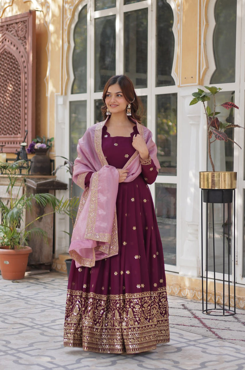 Star Georgette Gown with Dupatta | Maroon | Embroidered Edition