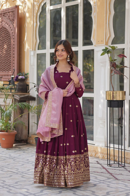 Star Georgette Gown with Dupatta | Maroon | Embroidered Edition