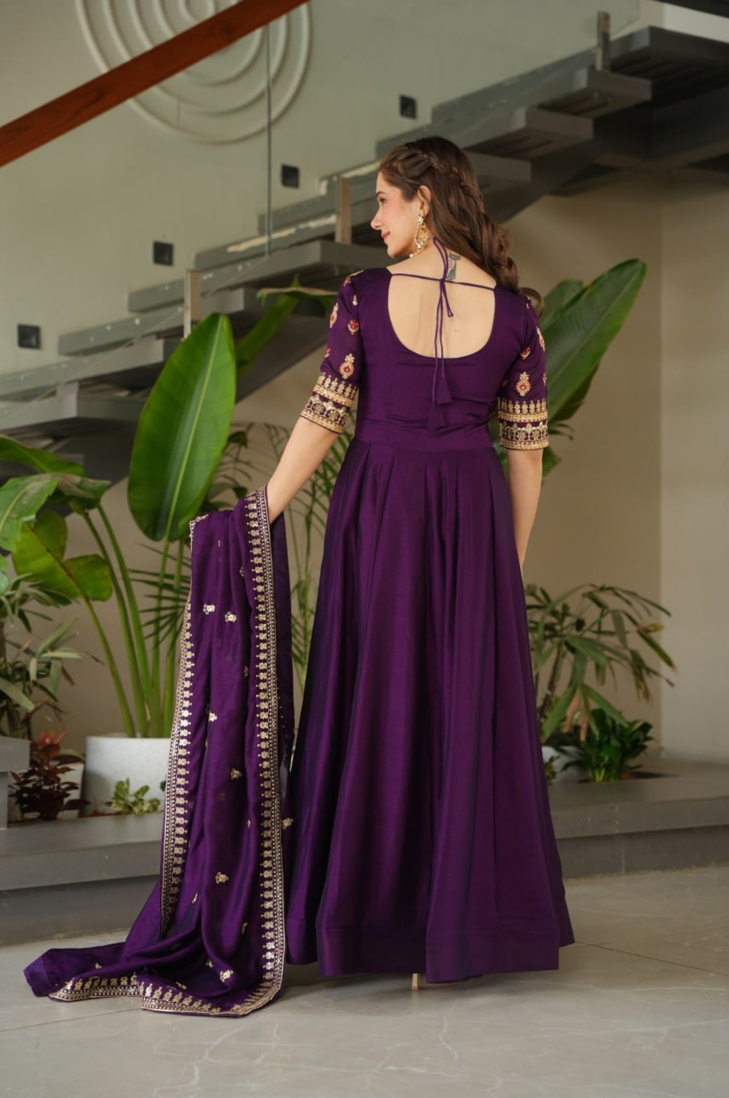 Premium Vichitra Silk Gown with Dupatta (Red & Purple Variants)