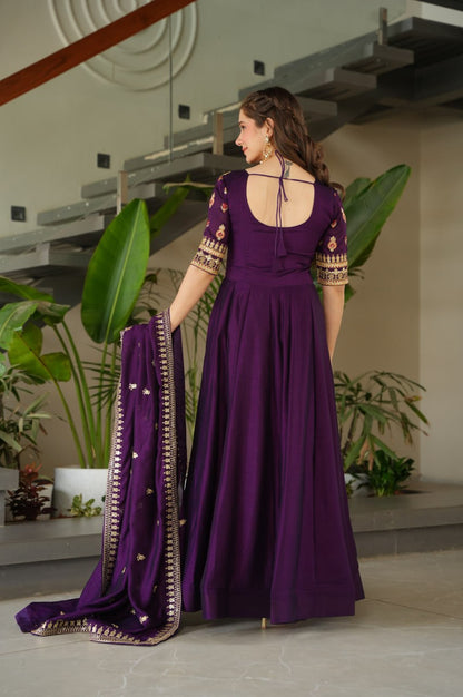Premium Vichitra Silk Gown with Dupatta (Red & Purple Variants)