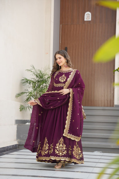 Green & Purple Premium Zari Embroidered Gown with Dupatta