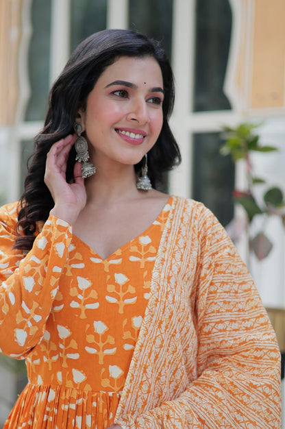 Pure Cotton Kurti Pant Dupatta Set | Gray & Orange | Ethnic Charm