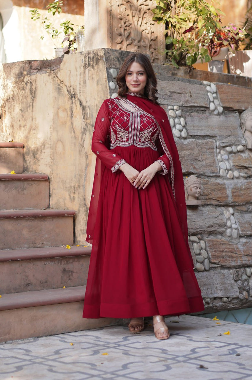 Premium Faux Blooming Embroidered Gown with Dupatta (Maroon & Purple)