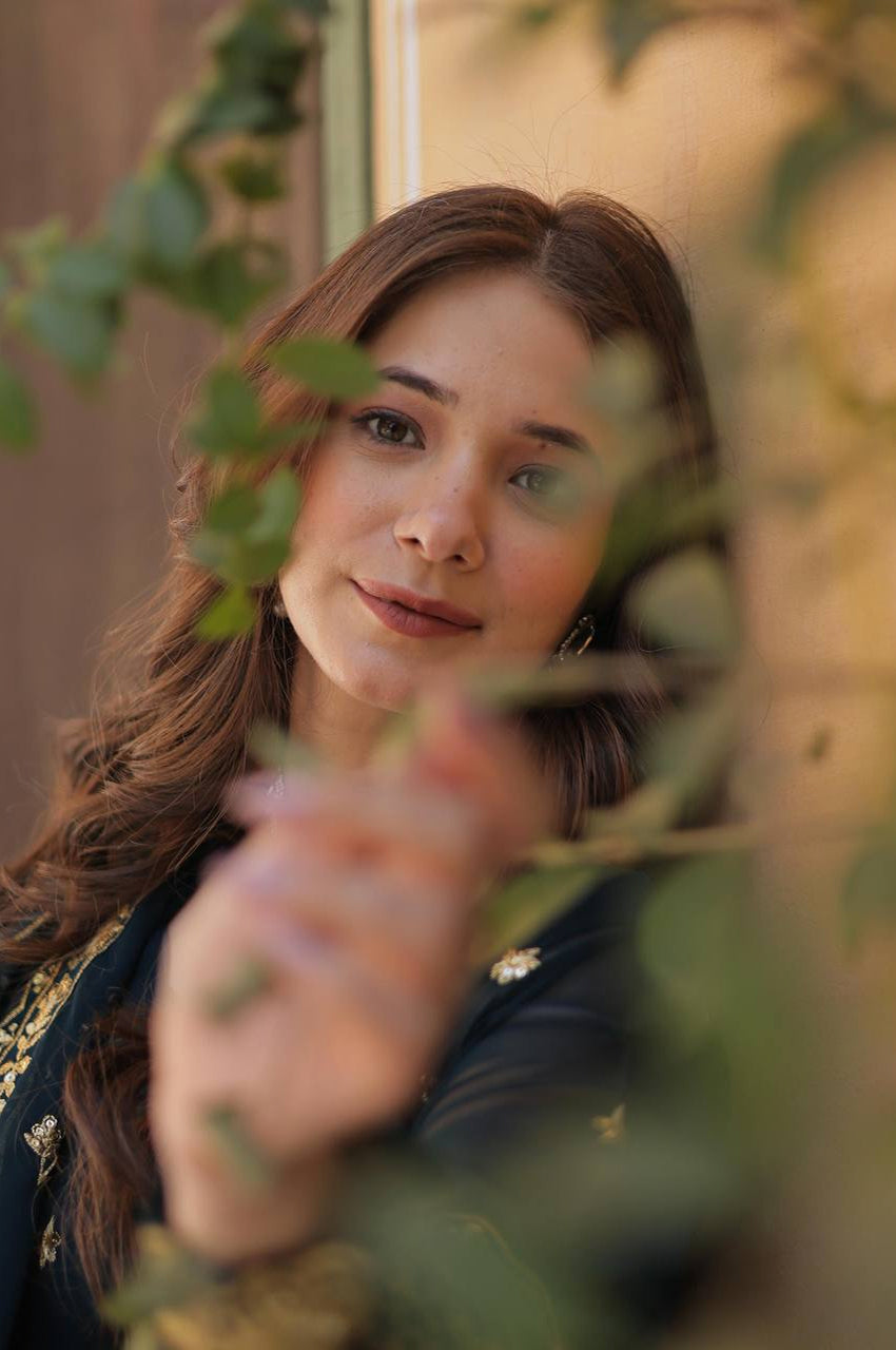 Bottle Green & Purple Zari Sequins Embroidered Gown Set