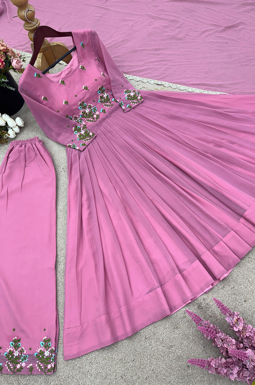 Faux Georgette Embroidered Party Wear Set – Long Top, Plazzo & Dupatta