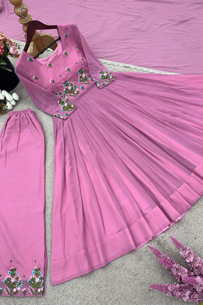 Faux Georgette Embroidered Party Wear Set – Long Top, Plazzo & Dupatta