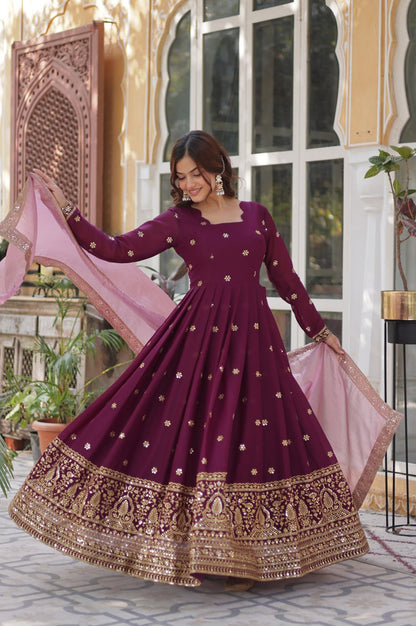 Star Georgette Gown with Dupatta | Maroon | Embroidered Edition