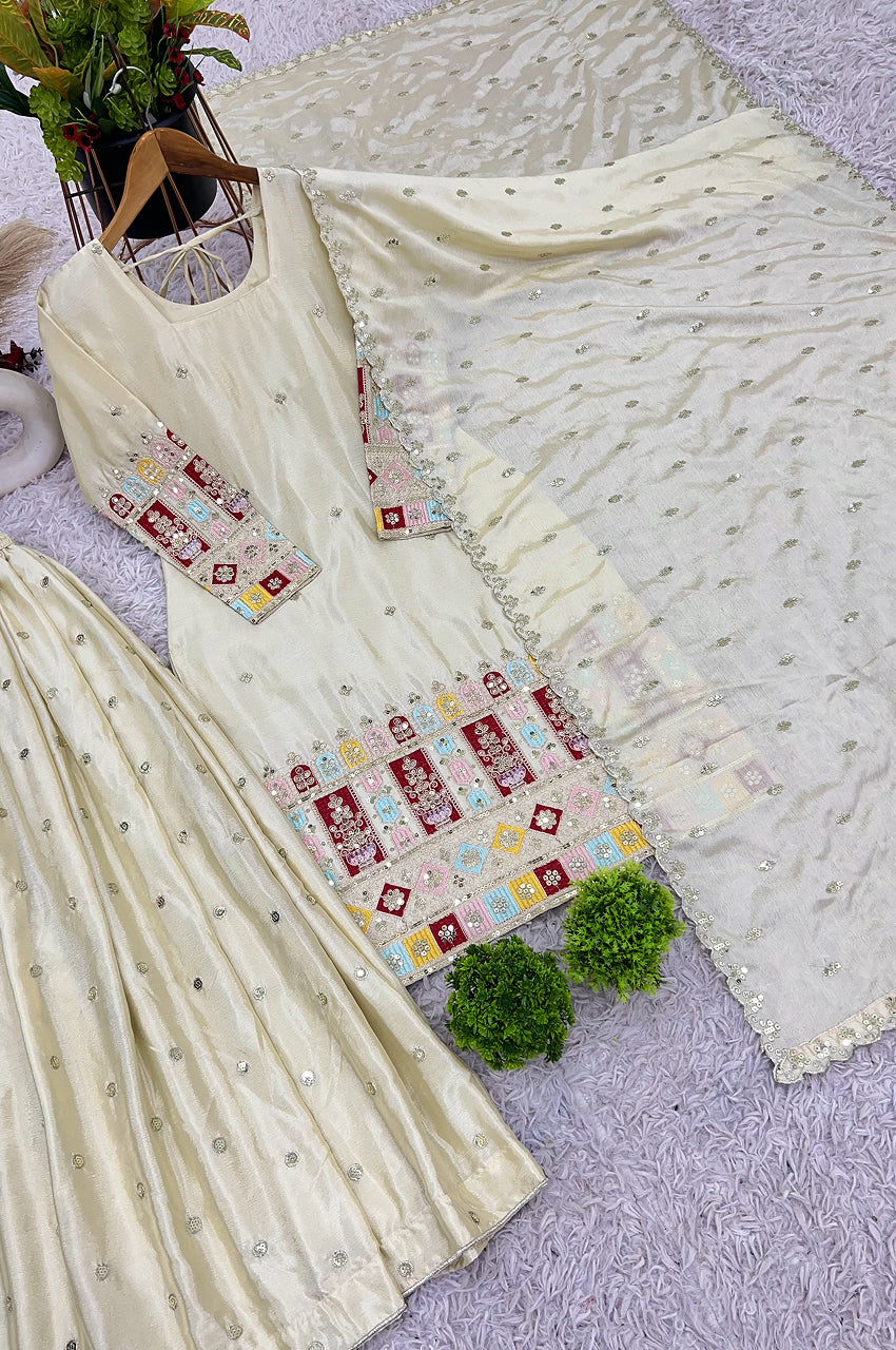Cream Chinon Silk Embroidered Gharara Suit Set with Dupatta