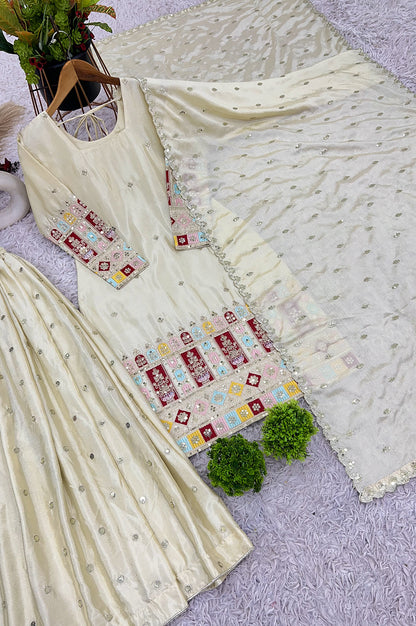 Cream Chinon Silk Embroidered Gharara Suit Set with Dupatta