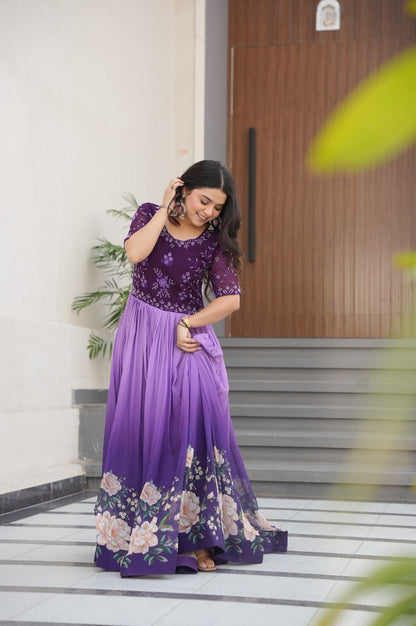 Designer Blue & Purple Gown with Embroidery & Floral Digital Print