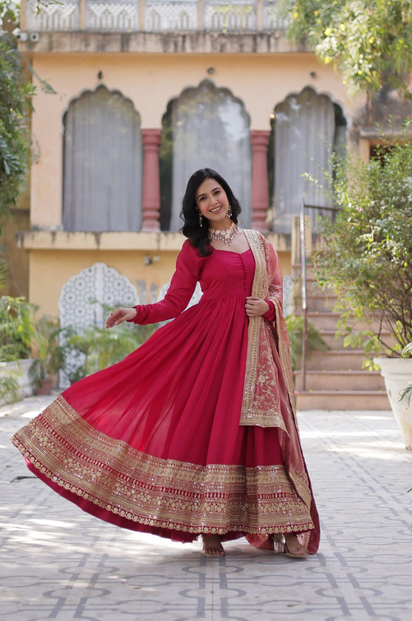 Rani Pink & Green Vichitra Gown with Dupatta – Festive Flair Edition