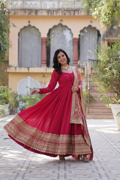 Rani Pink & Green Vichitra Gown with Dupatta – Festive Flair Edition