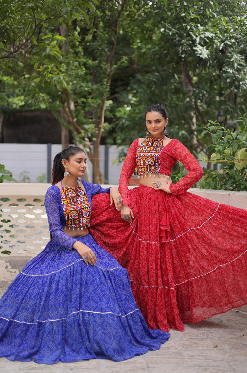 Bandhej Print Navratri Lehenga Choli with Gamthi Embroidery & Gotta Patti Lace – 12 Meter Flair (Fully Stitched)