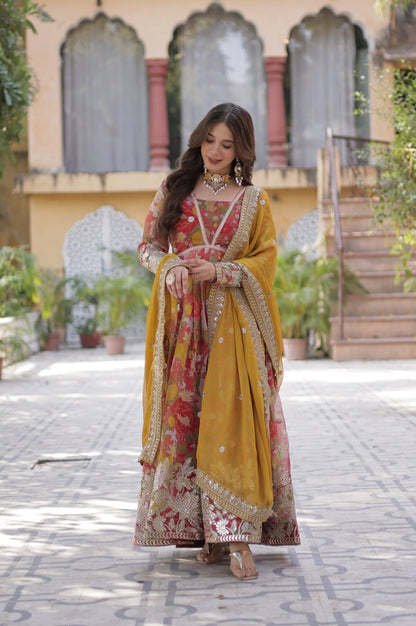 Elegant Alia Cut Russian Silk Gown with Dupatta (Orange & Green)