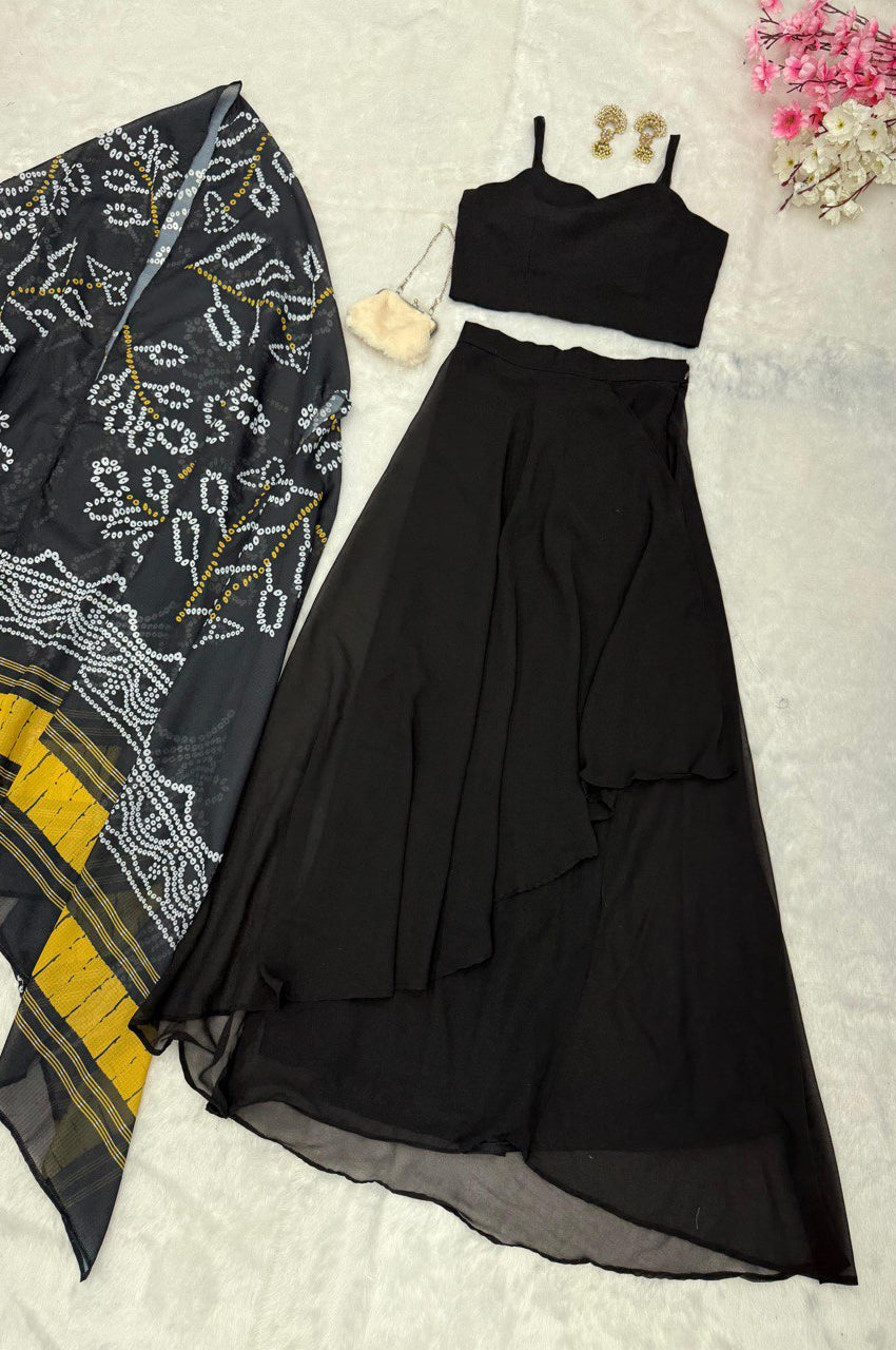 Black Indo-Western Drape Skirt Set with Embroidered Blouse & Shrug