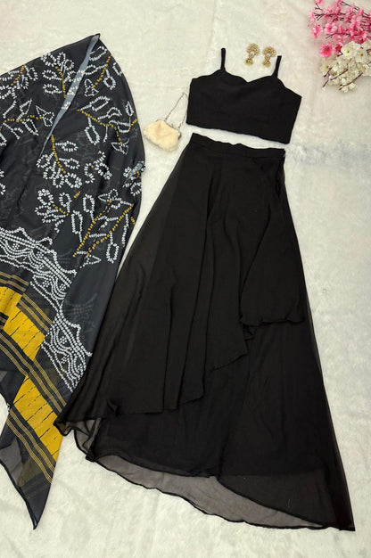 Black Indo-Western Drape Skirt Set with Embroidered Blouse & Shrug