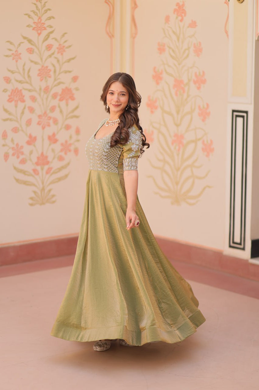 Blue & Green Beads Embroidered Fendy Gown