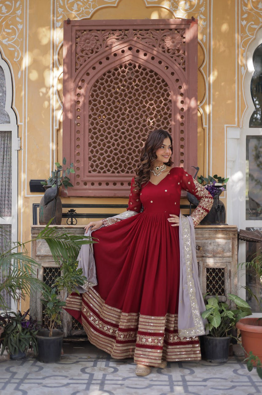 Maroon Designer Gown Set with Zari Sequin Embroidery & Faux Dupatta