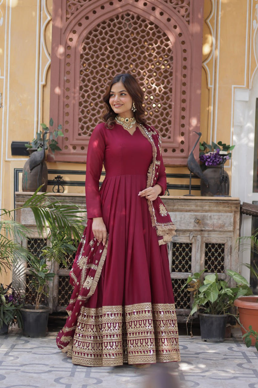 Black & Maroon Star  Gown with Dupatta – Ready-to-Wear Collection