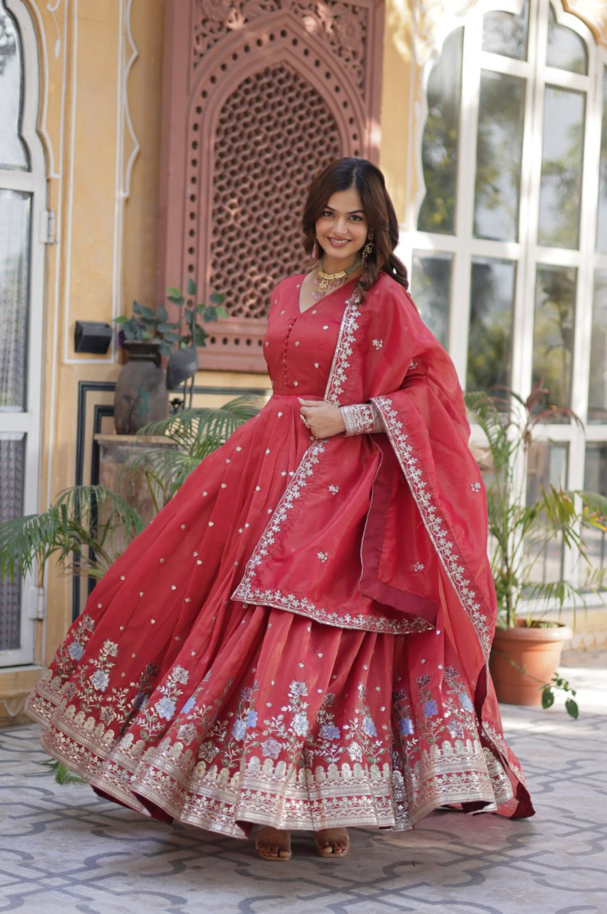 Viscose Cosmos Embroidered Gown Set | Red  | Elegant Festive Wear