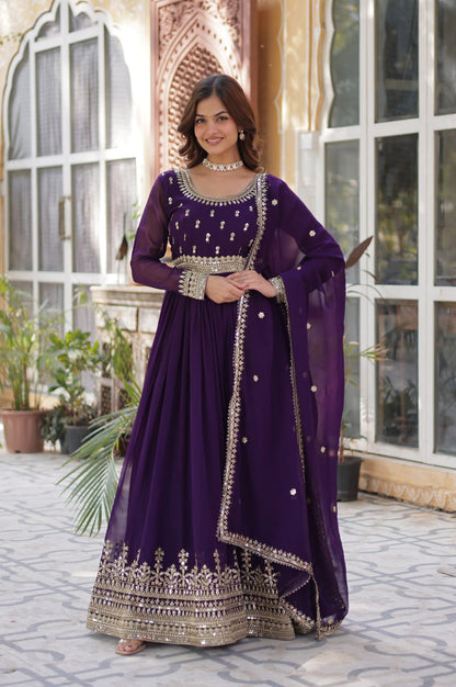 Maroon & Purple Faux Embroidered Gown with Dupatta – Regal Edition