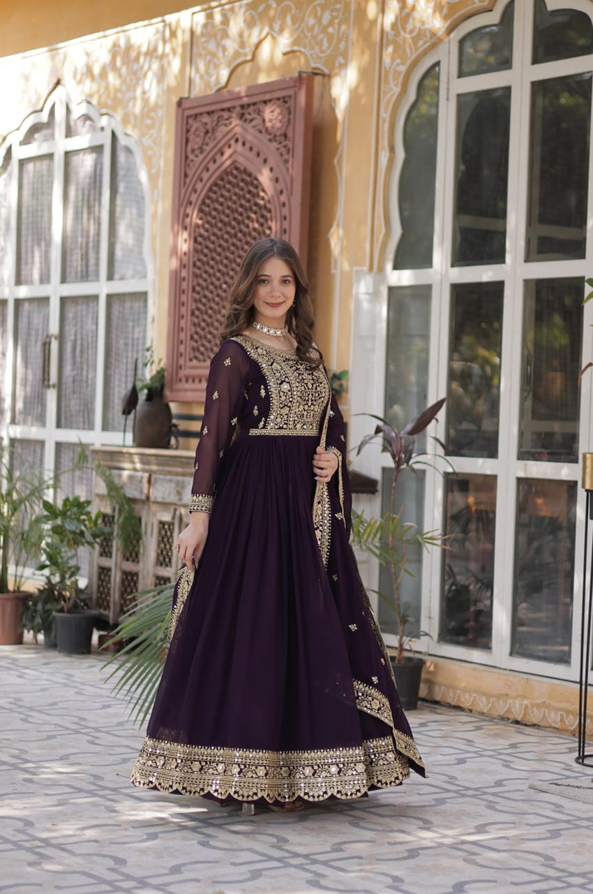 Faux Embroidered Gown Set | Rama & Purple | Premium Festive Wear